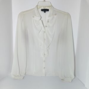 New Look, Off White Semi Sheer tailored Blouse with Gold/Pearl Buttons, SMALL